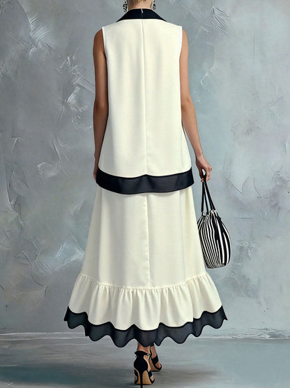 🎁New Arrivals🔥Women's Black And White Color-block Halter Neck With Pleating Sleeveless Dress