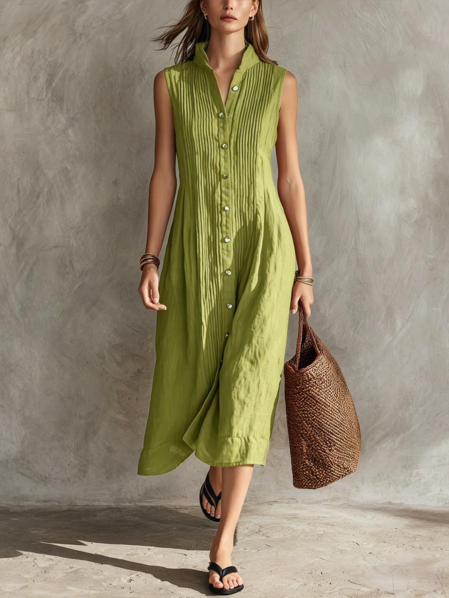 🎁New Arrivals🔥Women's Solid-color Stand-collar Sleeveless Casual Loose Pleated Cotton-linen Dress