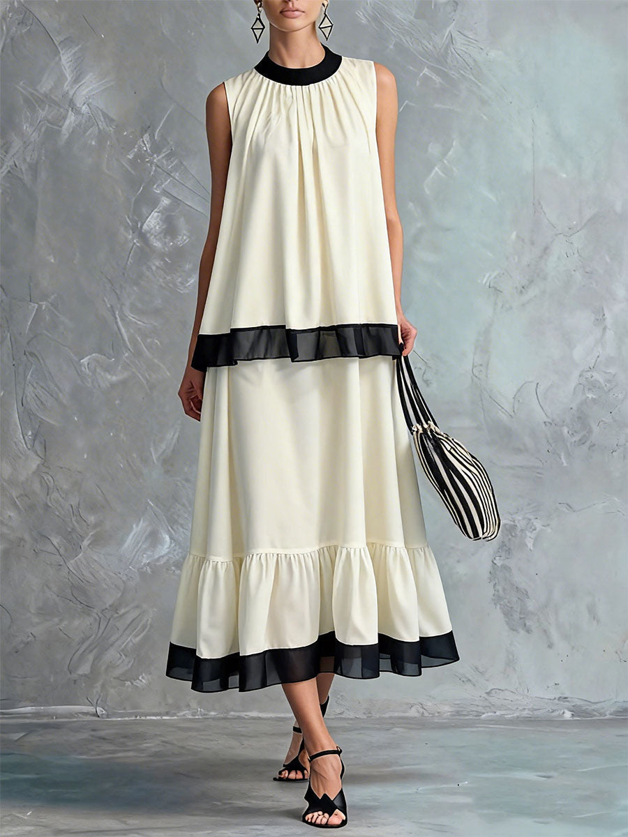 🎁New Arrivals🔥Women's Black And White Color-block Halter Neck With Pleating Sleeveless Dress
