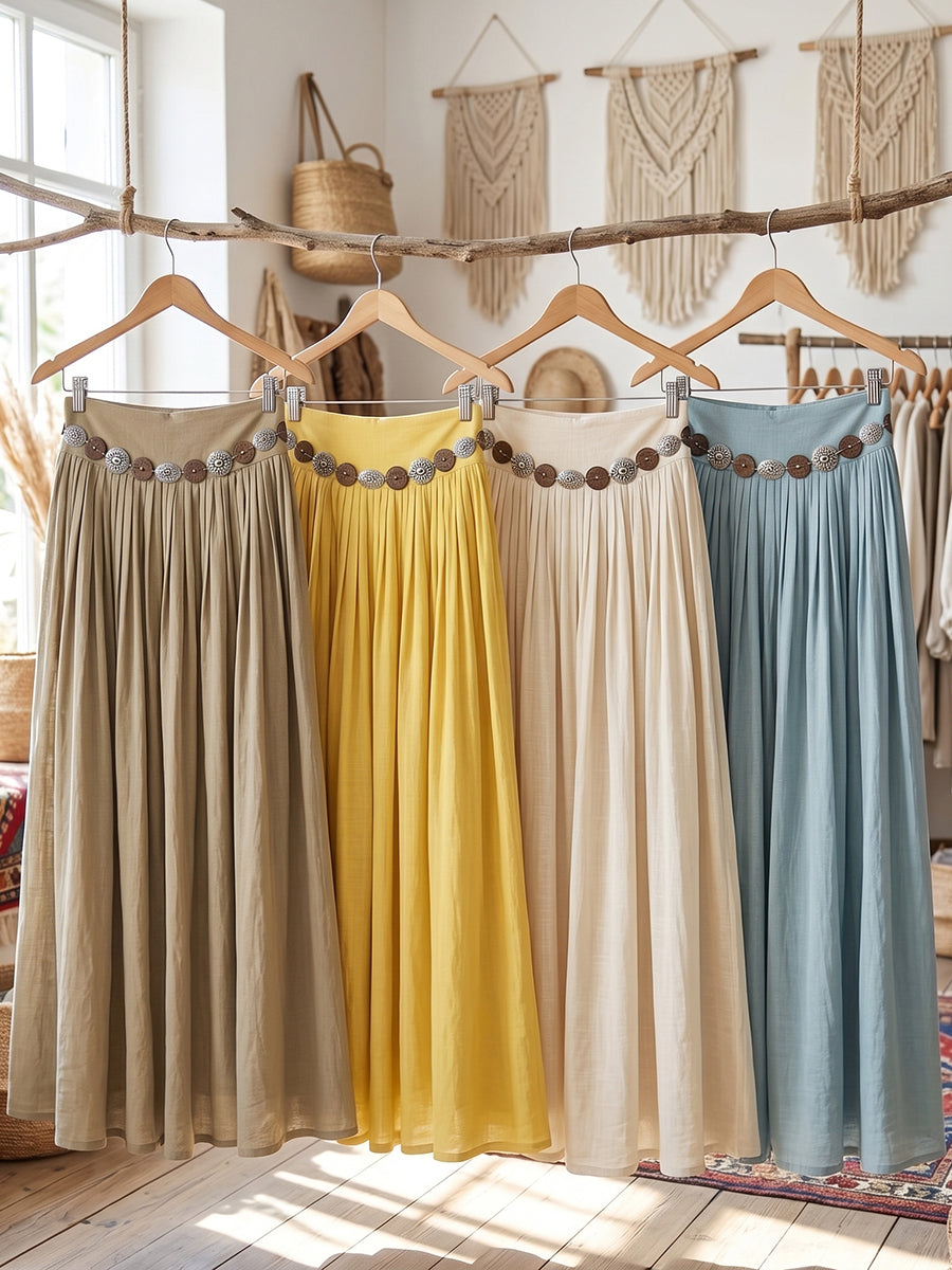 💝💝Boho Vacation-style Cotton-linen Maxi Skirt With Belt Detail