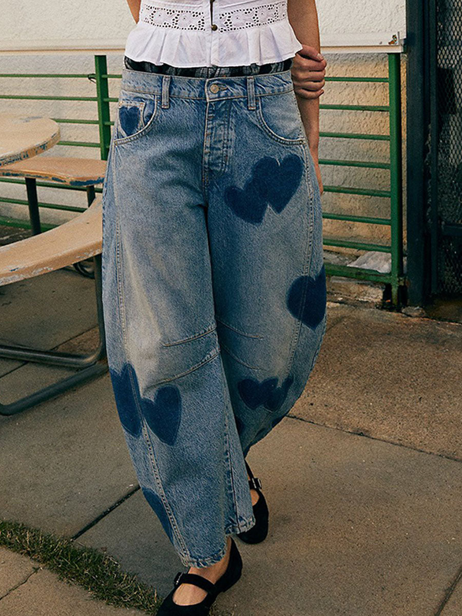 💝💝Women's Love Print Loose-fit Mid-rise Straight-leg Jeans