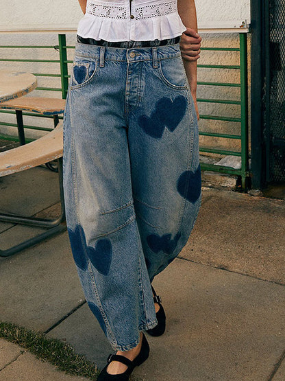 💝💝Women's Love Print Loose-fit Mid-rise Straight-leg Jeans