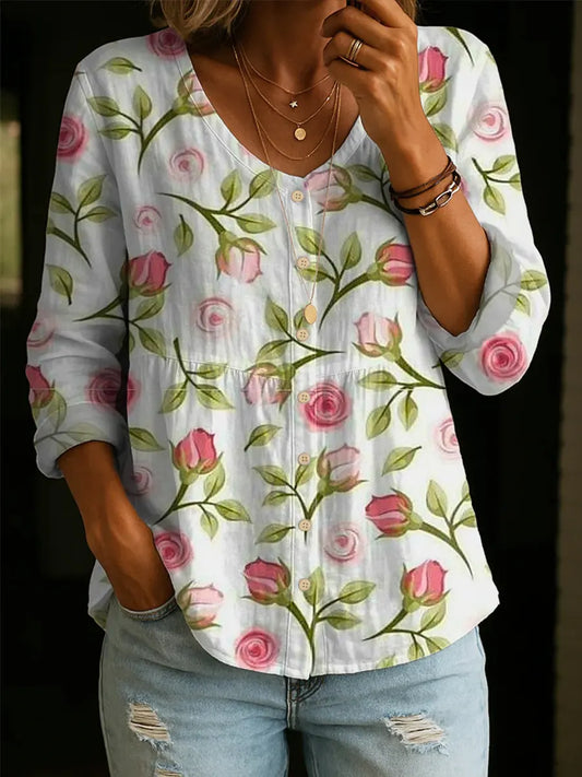 🎁New Arrivals🔥Women's Floral Pattern Art Print Casual Cotton Shirt