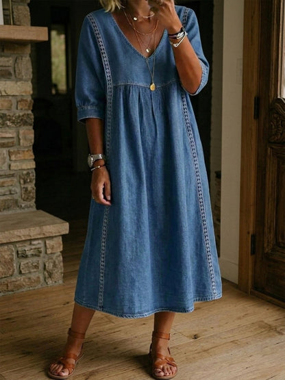 🎁New Arrivals🔥Women’s Lace Trim Denim Dress – Casual Loose Fit Vintage Denim Dress