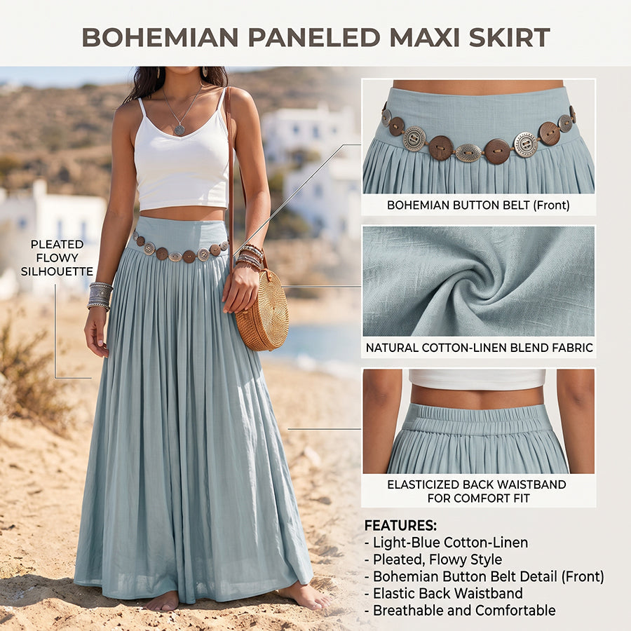 💝💝Boho Vacation-style Cotton-linen Maxi Skirt With Belt Detail