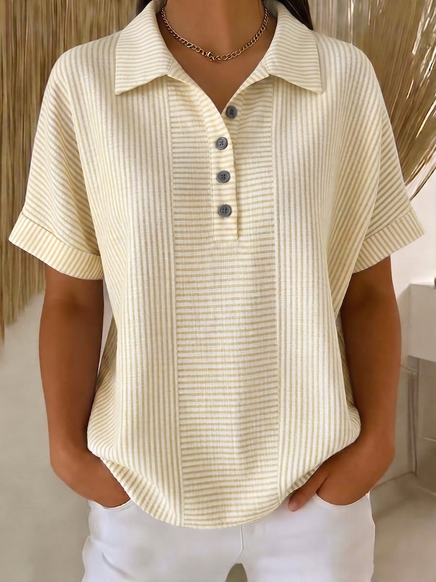 🎁New Arrivals🔥Artistic Cut Striped Cotton-linen Polo Collar Shirt Blouse