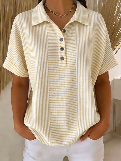 🎁New Arrivals🔥Artistic Cut Striped Cotton-linen Polo Collar Shirt Blouse