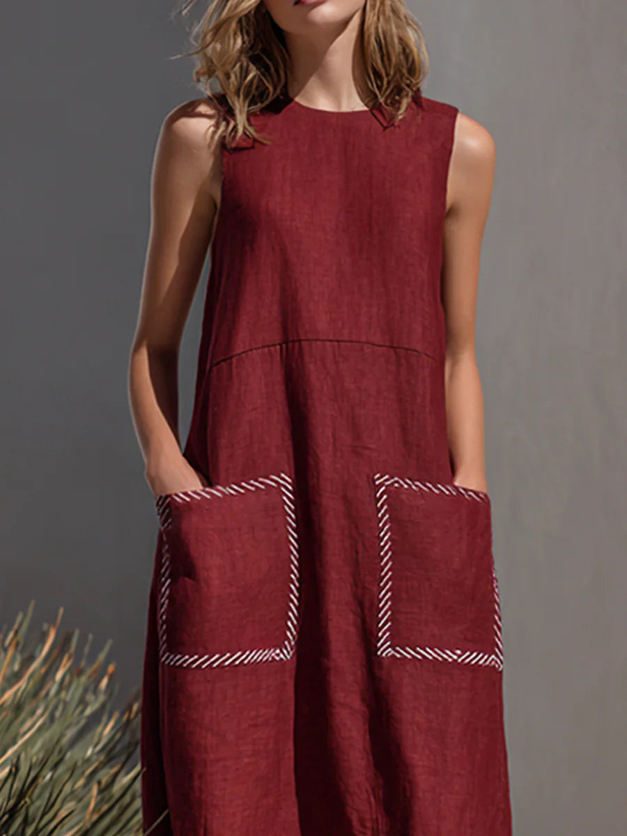 🎁New Arrivals🔥Wine Red Textured Cotton-linen Contrast Stitch Pocket Crew Neck Sleeveless Straight Maxi Dress