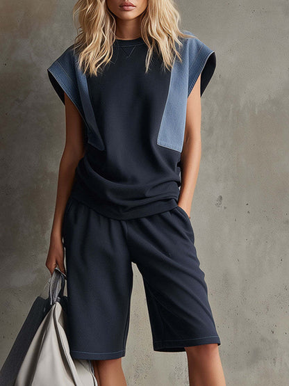 🎁New Arrivals🔥Stylish Casual Two-piece Set: Spliced denim & Cotton Top And Shorts