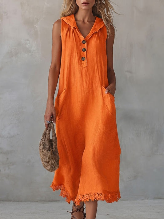 🎁New Arrivals🔥Casual Spliced lace-trimmed Linen And Cotton Hooded Dress