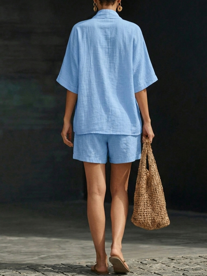 🎁New Arrivals🔥Minimalist Cozy V-neck Shirt And Shorts Linen Cotton Two-piece Set