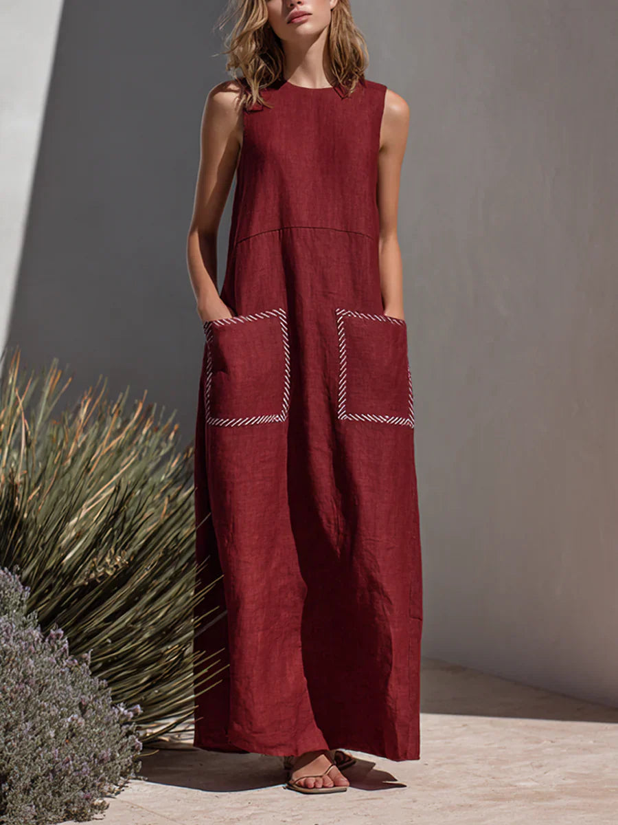 🎁New Arrivals🔥Wine Red Textured Cotton-linen Contrast Stitch Pocket Crew Neck Sleeveless Straight Maxi Dress