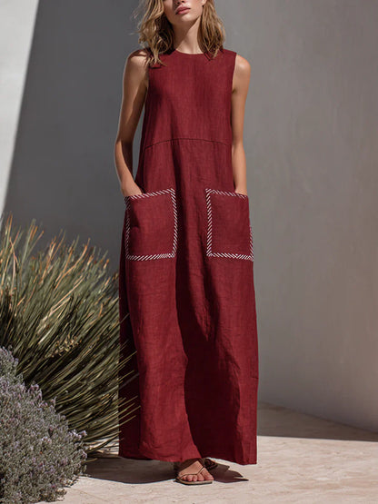 🎁New Arrivals🔥Wine Red Textured Cotton-linen Contrast Stitch Pocket Crew Neck Sleeveless Straight Maxi Dress