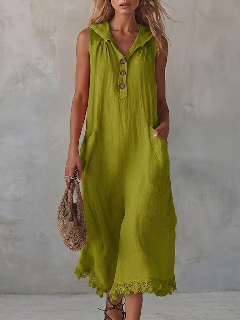 🎁New Arrivals🔥Casual Spliced lace-trimmed Linen And Cotton Hooded Dress