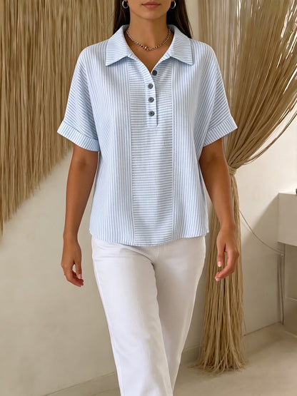 🎁New Arrivals🔥Artistic Cut Striped Cotton-linen Polo Collar Shirt Blouse