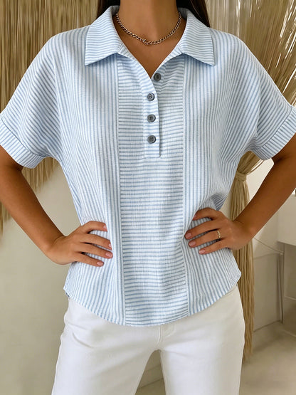 🎁New Arrivals🔥Artistic Cut Striped Cotton-linen Polo Collar Shirt Blouse