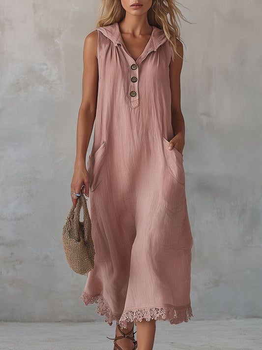 🎁New Arrivals🔥Casual Spliced lace-trimmed Linen And Cotton Hooded Dress