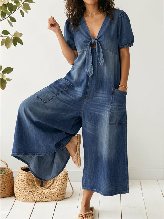 🎁New Arrivals🔥Women's Casual Loose Short-sleeved V-neck Denim Jumpsuit