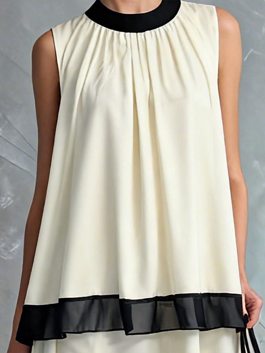 🎁New Arrivals🔥Women's Black And White Color-block Halter Neck With Pleating Sleeveless Dress