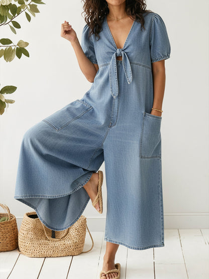 📦📦LAST DAY SAVE 49% ⏰Women's Casual Loose Short-sleeved V-neck Denim Jumpsuit