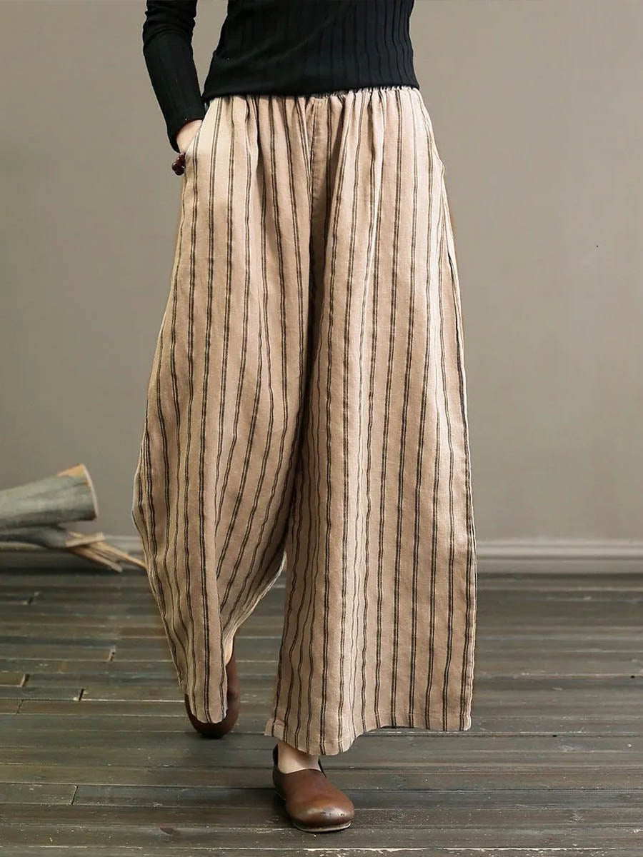 🎁New Arrivals🔥Women's High-waisted Loose-fit Striped Cotton-linen Wide-leg Pants