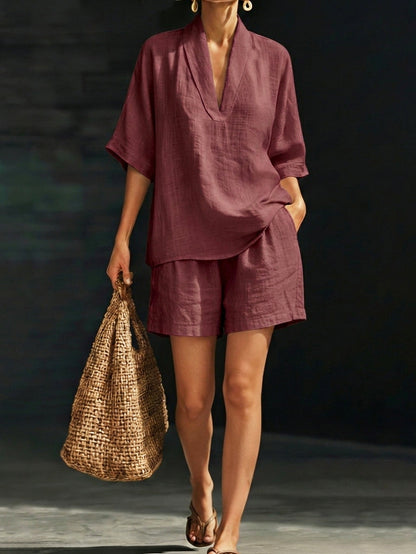 🎁New Arrivals🔥Minimalist Cozy V-neck Shirt And Shorts Linen Cotton Two-piece Set