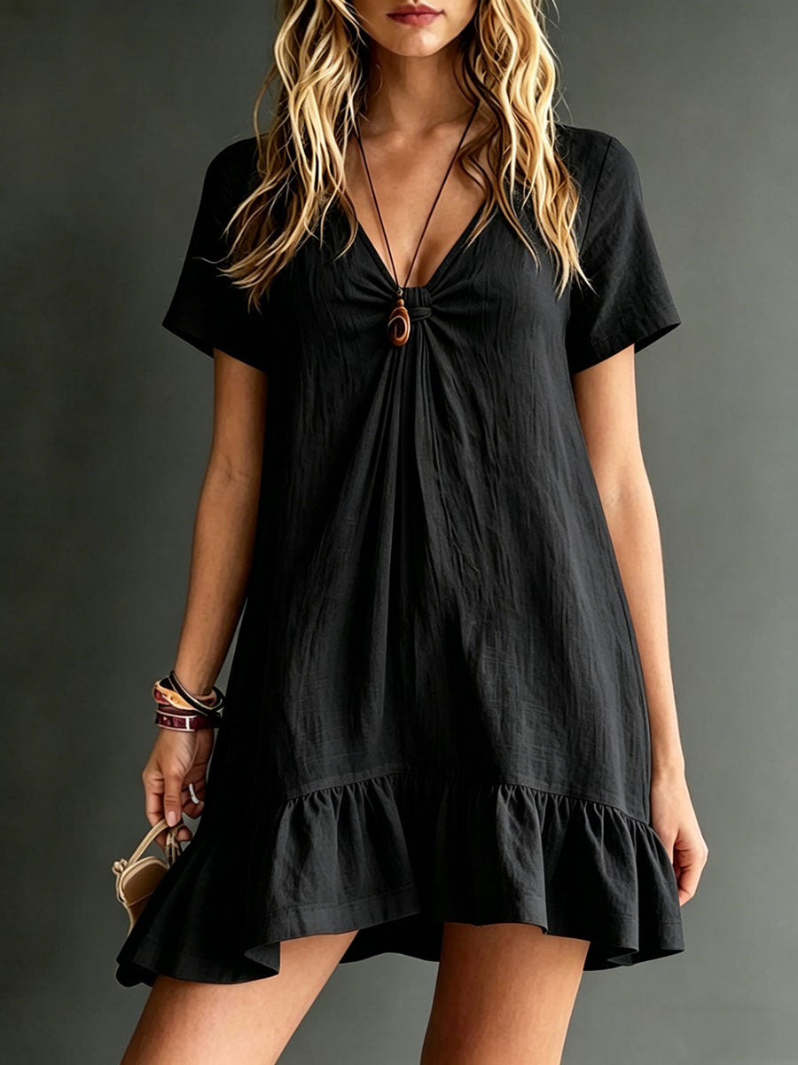🎁New Arrivals🔥Women's Solid-color Cotton-linen V-neck Short-sleeve Dress