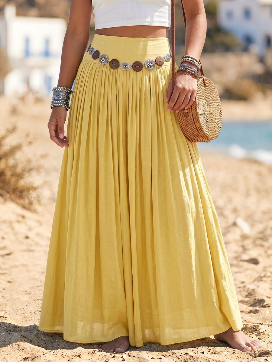 💝💝Boho Vacation-style Cotton-linen Maxi Skirt With Belt Detail