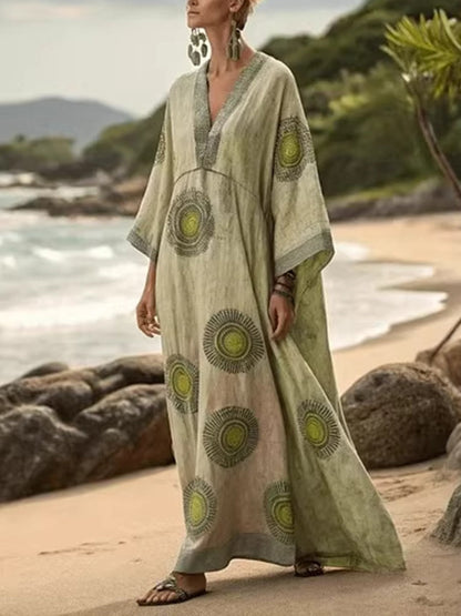🎁New Arrivals🔥Bohemian Art-print Loose-fit Extra-long Linen And Cotton Dress