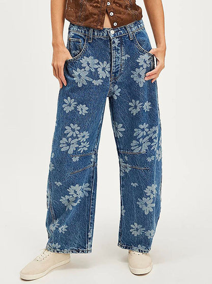 💝💝Women's Flower Print Loose-fit Mid-rise Straight-leg Jeans