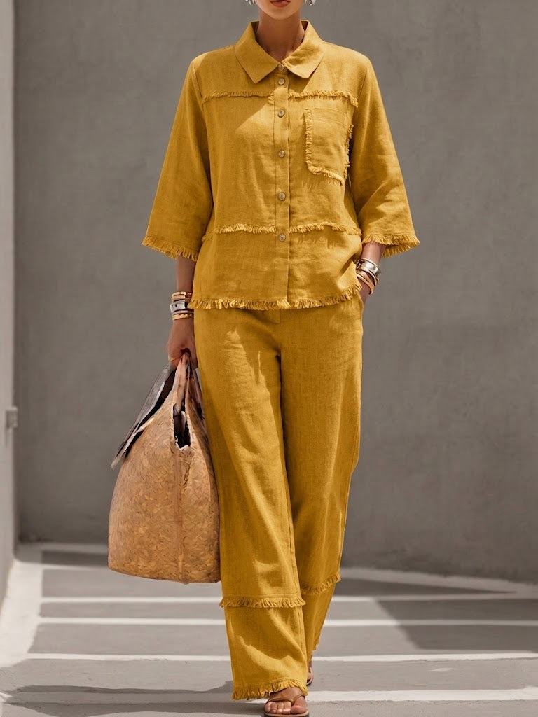 🎁New Arrivals🔥Casual Frayed-hem Linen And Cotton Shirt And Pants Two-piece Set