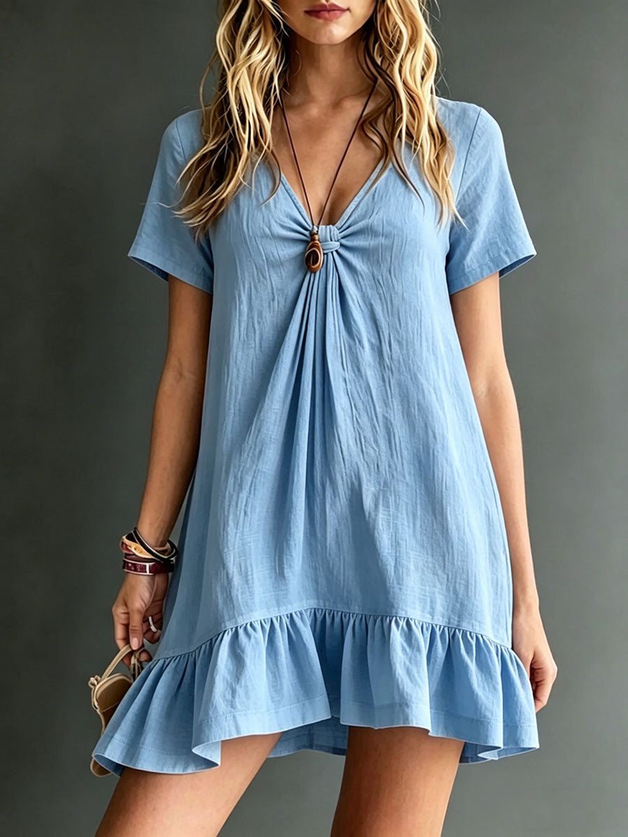🎁New Arrivals🔥Women's Solid-color Cotton-linen V-neck Short-sleeve Dress